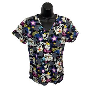 Wonder Woman Comic Pop Art Scrub Top V-Neck Medical Uniform Womens Small SM